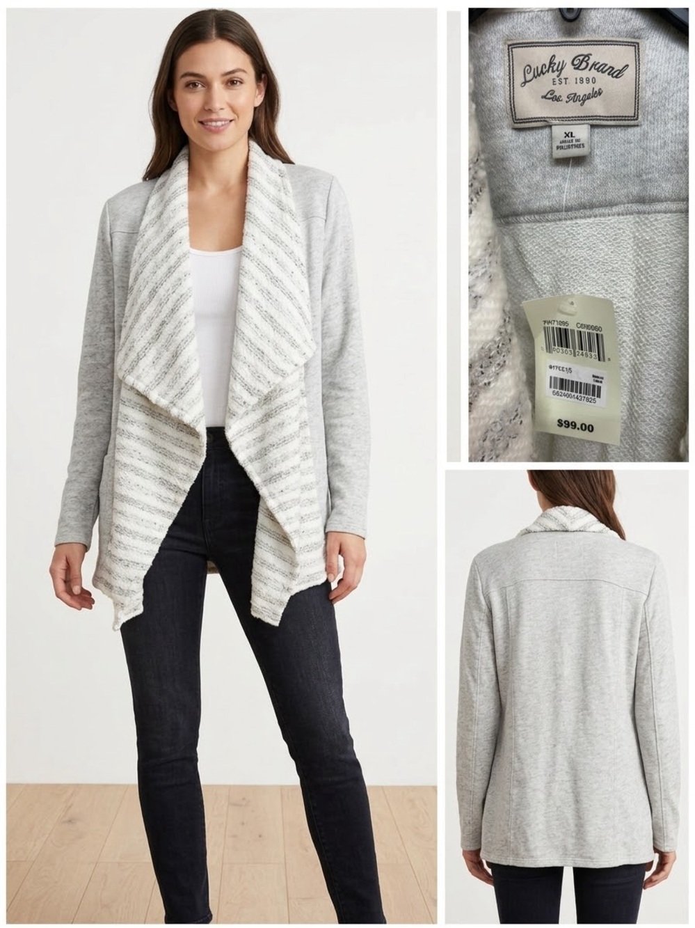 Lucky Brand Cream and Gray Striped Draped Cardigan